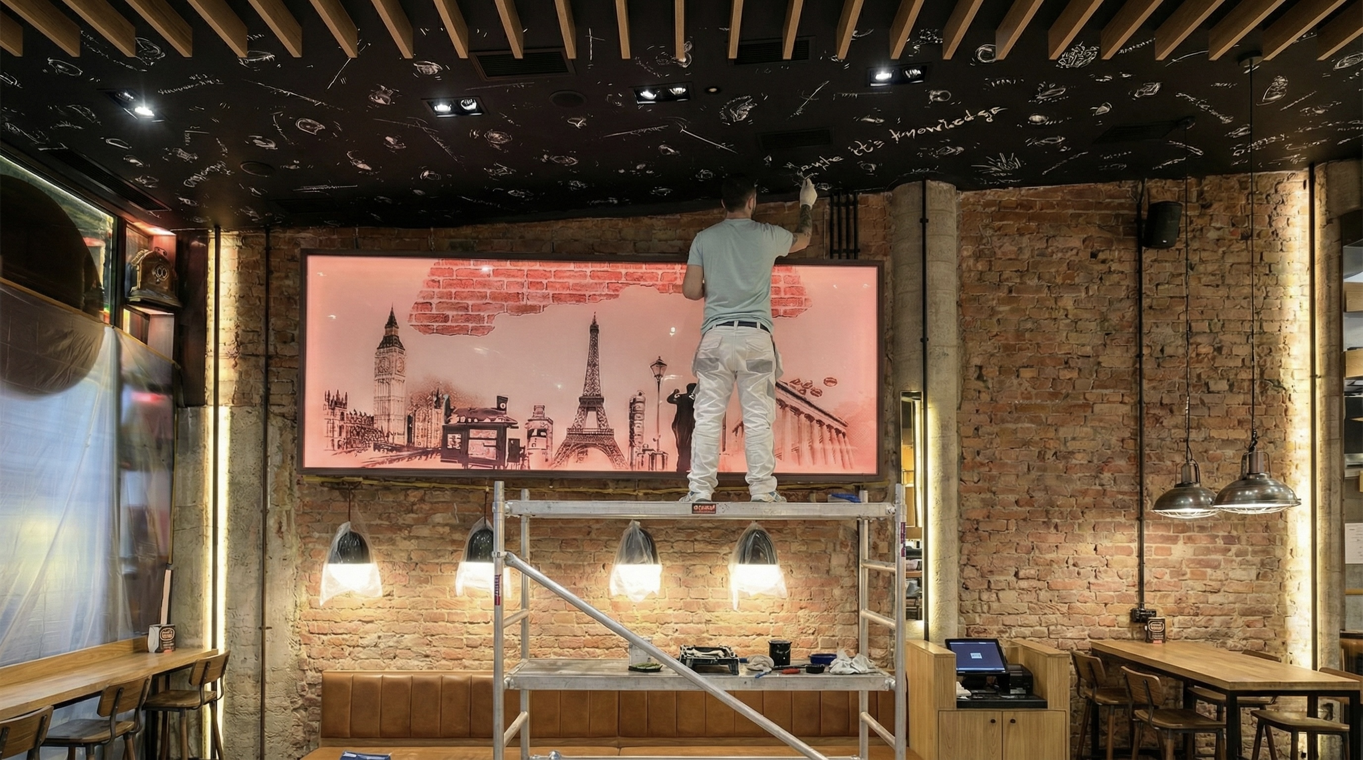 Bar interior refurbishment feature wall and finishing work