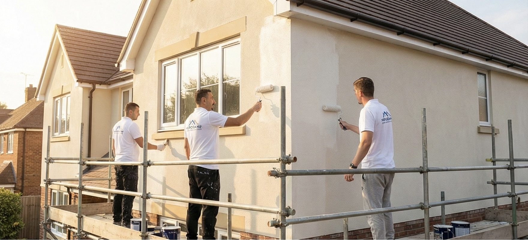 Team painting a rendered house exterior
